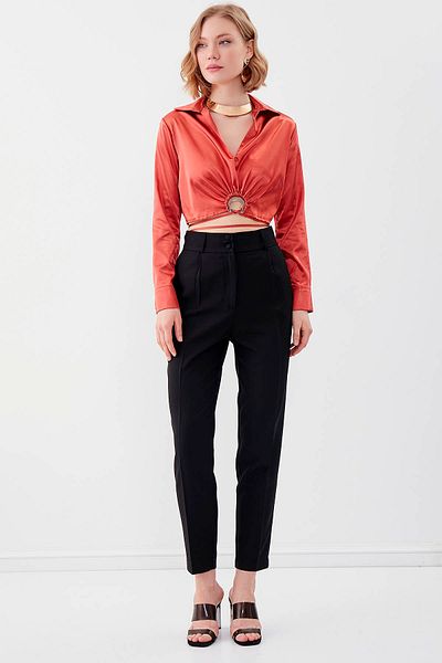 Vitrin Crop Satin Blouse with Waist Detail