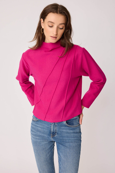 Vitrin Stand Collar Front Stitched Back Zipper Blouse