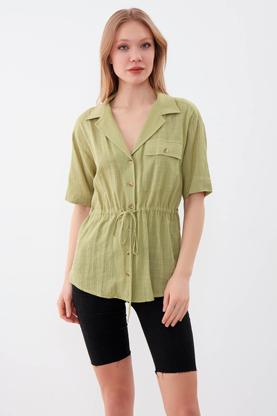 Vitrin قميص كتان فيسكوز بجيب واحد مع خصر مُجمع