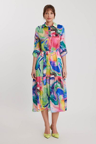 Vitrin Tie-Dye Pattern Long Sleeve Belted Dress
