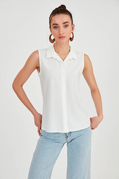 Vitrin Bluză cu nasturi în față cu guler cu mâneci zero