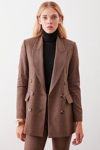 Vitrin Slit Buttoned Plaid Patterned Jacket