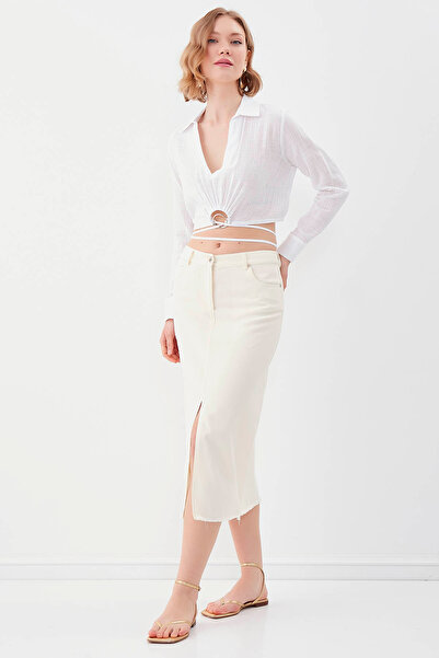 Vitrin Midi Length Denim Skirt with Front Slit