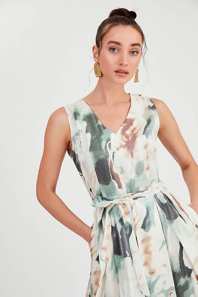 Vitrin Shiny Satin Patterned Dress with Tie Waist