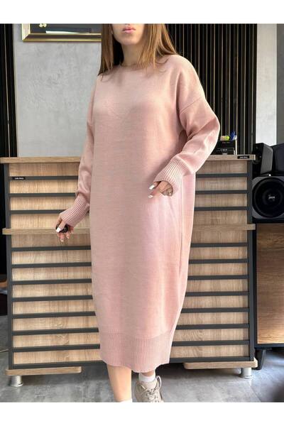 MEGHAN L.A Țesătură pentru tricotaje roz Owersize guler rotund cu fantă Rochie lungă