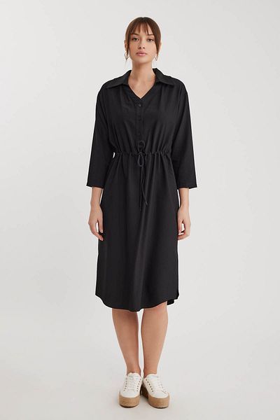 Vitrin Gathered Waist Crinkle Fabric Buttoned Dress