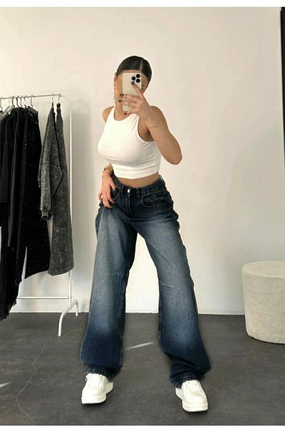 DRC trend Lola Blue Baggy Tinted Buckle Detailed Loose Fit Wide Leg Comfortable Baggy Jean Jeans Loose Women's Trousers