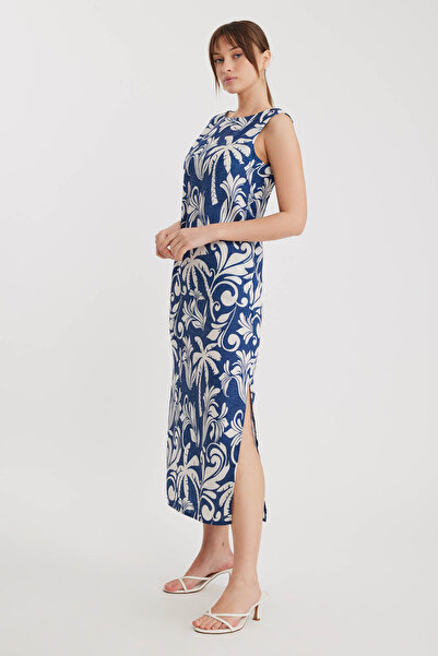 Vitrin Palmiye Desen Yanı Yırtmaçlı Uzun Elbise