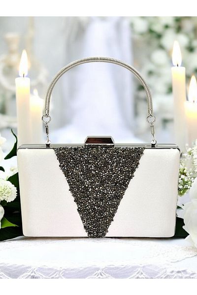 Wedding Fashion Mother of Pearl Satin Platinum Stone Metal Handle Evening Dress Bag Evening Bag Engagement Wedding Bag