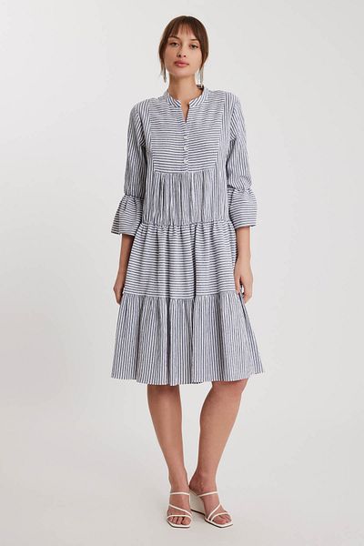 Vitrin Buttoned Prevailing Collar Sleeve-Length Ruffle Dress