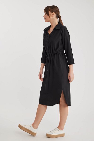 Vitrin Gathered Waist Crinkle Fabric Buttoned Dress