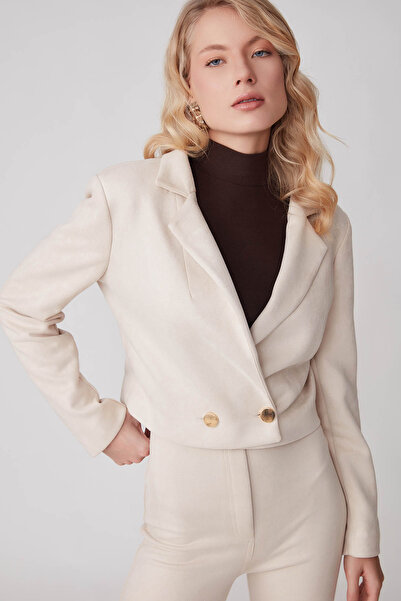 Vitrin Double Button Lined Crop Suede Jacket