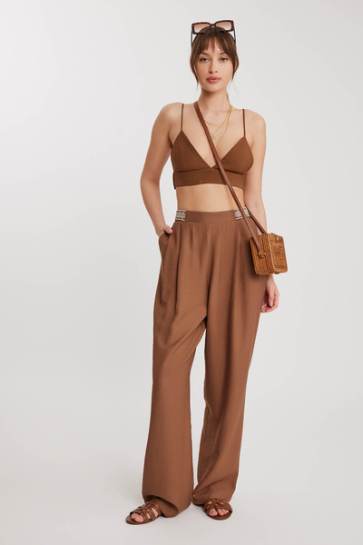 Vitrin Beli Etnik Desenli Pileli Pantolon