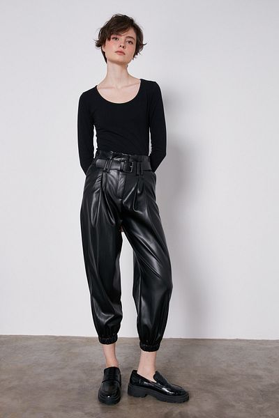 Vitrin Belted Leg Elastic Faux Leather Trousers