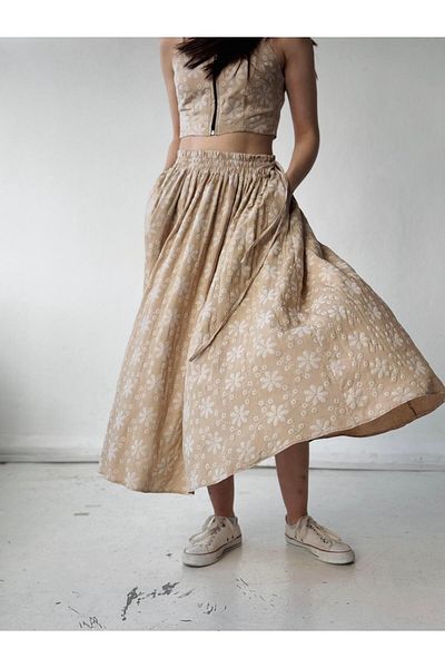 Retrobird Sand Colored Circle Flared Maxi Length Women's Skirt