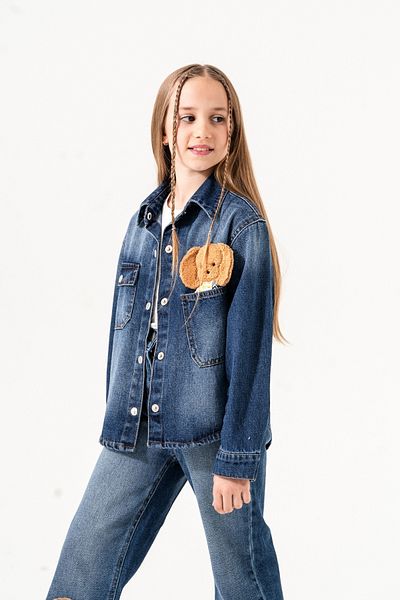 GİYİCEM TEKSTİL Cămașă din denim cu câine brodat pentru fetiță 3137