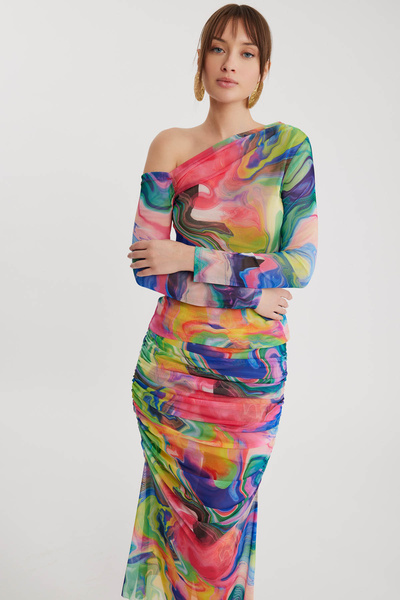 Vitrin Asymmetric Collar Tulle Blouse