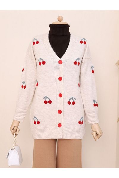 Modamorfo Intermediate Soft Cardigan with Stone Color Buttons and Cherry Embroidery