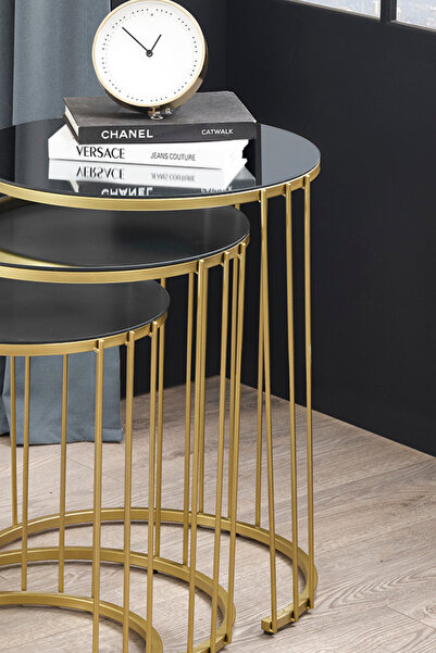 Mobievim Napoli Gold Metal Ayaklı, Füme Aynalı Zigon Sehpa 3'lü