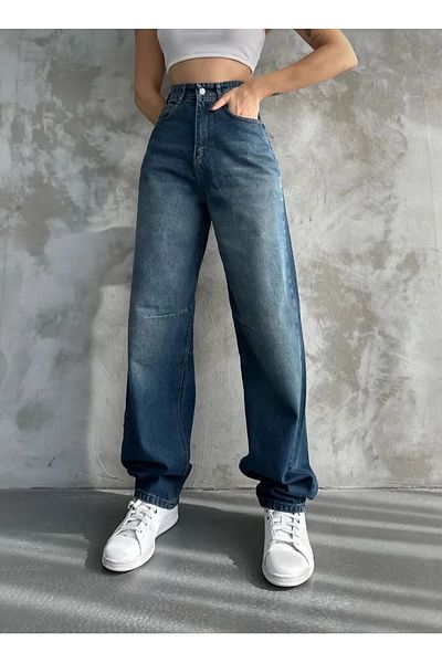 DRC trend Musiala Acid Dark Blue Baggy Buckle Detailed Loose Fitting Wide Leg Baggy Jean Jeans Loose Women's Pants