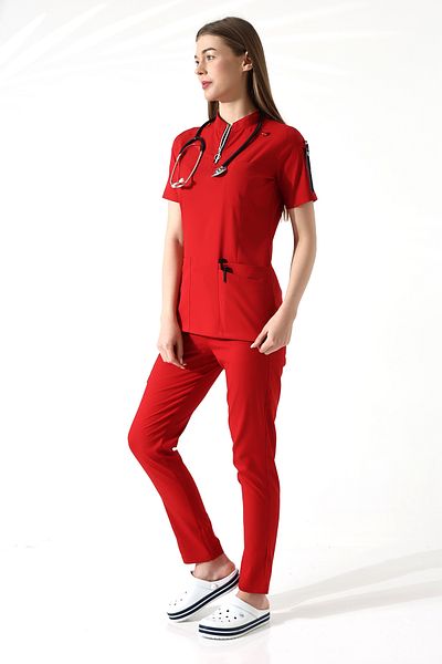 TİJA Red Premium Flex Doctor Nurse Uniform, Shift Suit, Lycra Scrubs