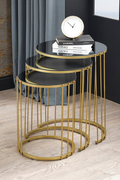 Mobievim Napoli Gold Metal Ayaklı, Füme Aynalı Zigon Sehpa 3'lü