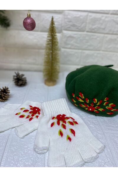 sema aksesuar Handmade Red Floral Embroidered Pearls Green French Painter Beret Hat and White Fingerless Gloves