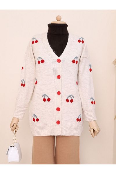 Modamorfo Intermediate Soft Cardigan with Stone Color Buttons and Cherry Embroidery
