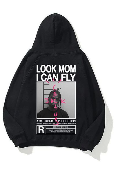 Trendiz Uniszex Look Mom I Can Fly fekete pulóver kapucnis pulóver
