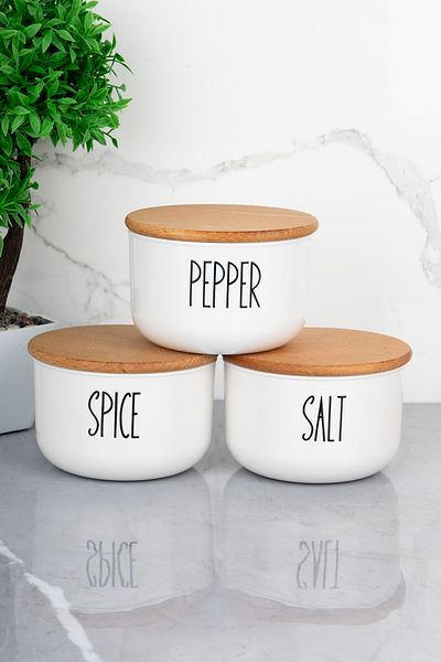 MODA OZY 3-Piece Wooden Lid Vacuum Transfer Labeled Salt/Pepper/Seasoning Set 400ml Acrylic (Plastic) Jar