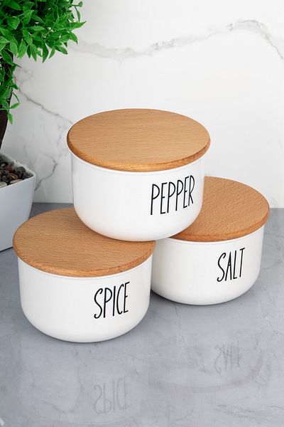 MODA OZY 3-Piece Wooden Lid Vacuum Transfer Labeled Salt/Pepper/Seasoning Set 400ml Acrylic (Plastic) Jar