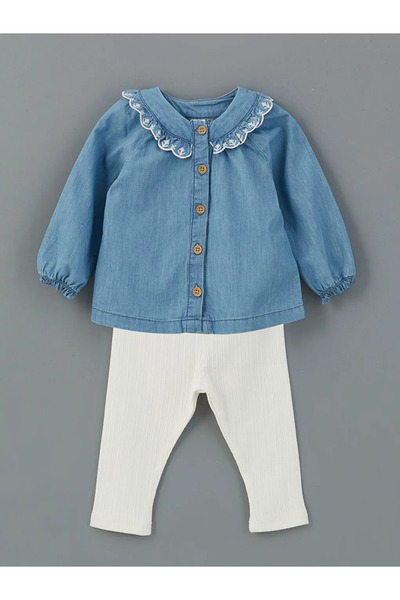 LC Waikiki طقم قمصان وطماق للفتيات الصغيرات برقبة دائرية من LCW Baby باللون ا...