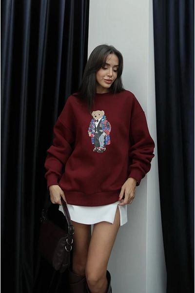 MODA Hanorac supradimensionat cu 3 fire de ursuleț de pluș cu textura moale bordeaux pentru femei