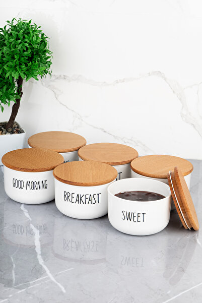 MODA OZY 6-Piece Wooden Lid Vacuum Transfer Labeled Breakfast Set 400ml Acrylic (Plastic) Jar