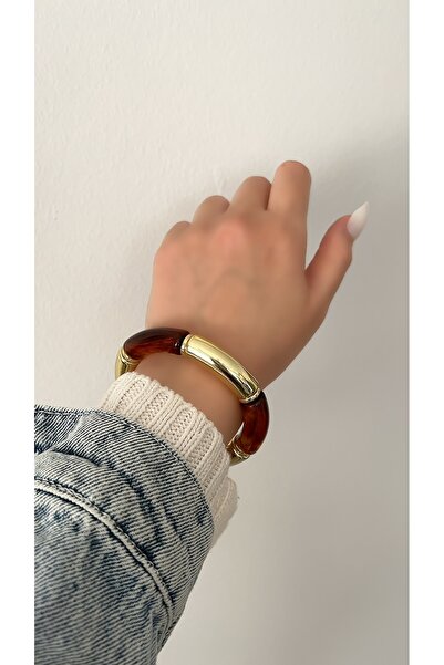 SU PERİSİ TAKI BİJUTERİ Gold and Turtleneck Detailed Plate Elastic Bracelet
