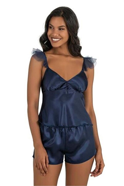 Marsilyan Ieg Navy Blue Satin Shorts Set 9212 Ilkel-Mdgym457