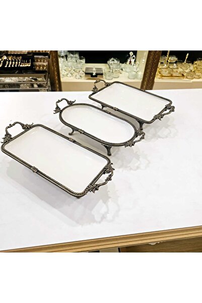 MaviDamla 3 PARÇA DÖKÜM KENAR ÇEREÇVELİ PORSELEN SUNUM SETİ ANTİK