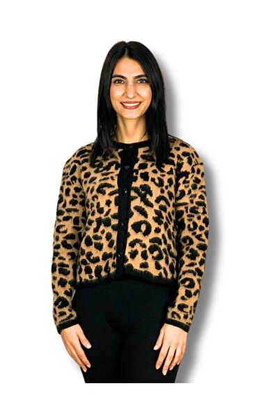 YusGos Women's Black Brown Leopard Patterned Short Beard Soft Knitwear Cardigan