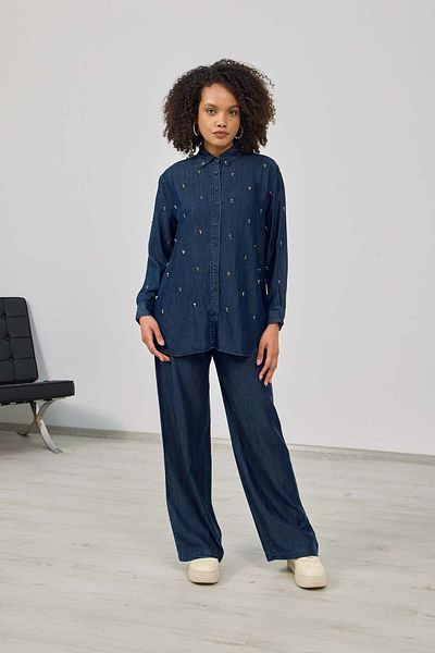 MİA NOURA Cămașă din denim cu broderie cu piatră în față pentru femei