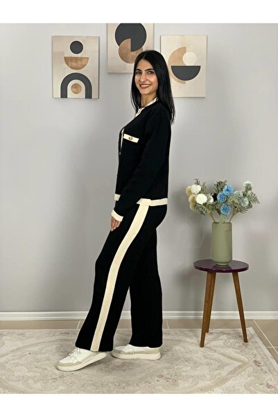 YusGos Women's Gold Buttoned Black and White Striped Knitwear Set