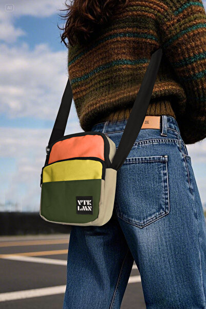 Vatkalimon Renkli 5 Bölmeli Ayarlanabilir Çapraz Askılı Su Geçirmez Omuz Çantası (Haki Sarı Turuncu Krem)