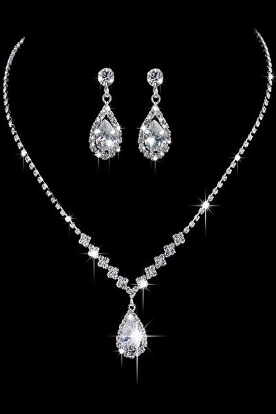 HUBANN Gümüş Kaplama Su Yolu Zirkon Taşlı Kolye Küpe Seti Gelin Takı Seti Niş...