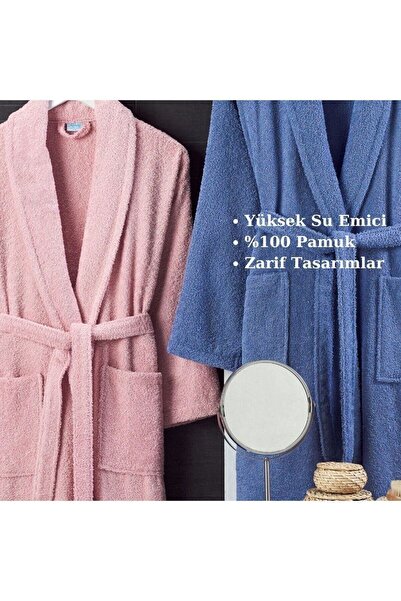Rebeka Unisex Pembe Lacivert Havlulu Bornoz 4 lü Set