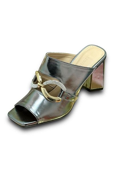 KRISTE BELL Metallic Platinum Heel Detailed Front Buckle Women's Heeled Slippers