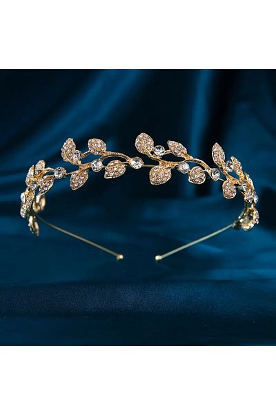 Eva Flore Stylish Bridal Crown with Gold Leaves and Rhinestones - Headband and Maternity Crown