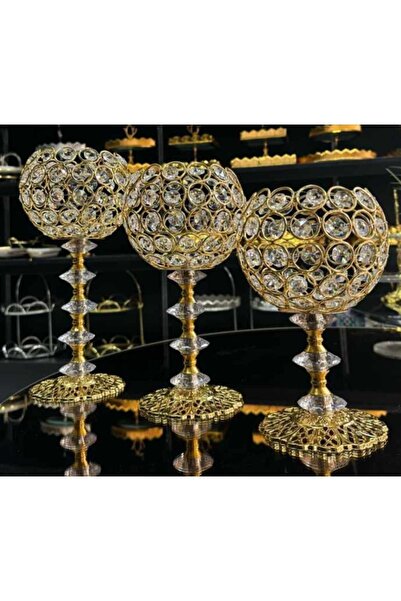 AKANAY HOME 3 Lü Kristal Taşlı Gold Ayaklı Şamdan