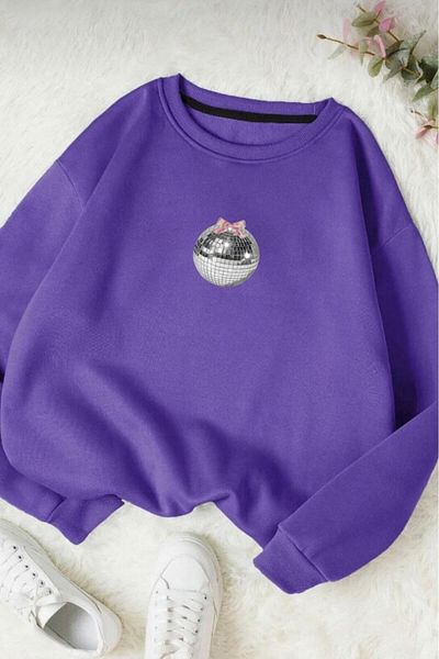 NO 601 Women's Purple Crew Neck Disco Ball Hoodless Winter Sweat