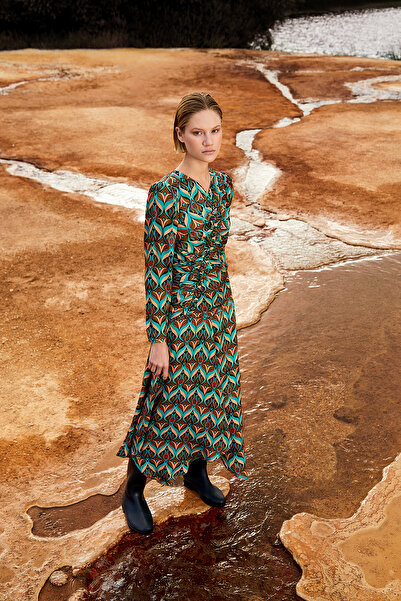 Jus De Pommes Yeşil Desenli Uzun Kol Maxi Elbise