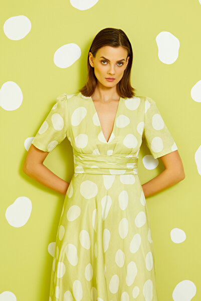 Jus De Pommes YEŞİL EKRU PUANTİYELİ V YAKA UZUN ELBİSE