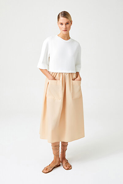 Jus De Pommes BEYAZ BEJ İKİ PARÇA GÖRÜNÜMLÜ MİDİ BOY ELBİSE